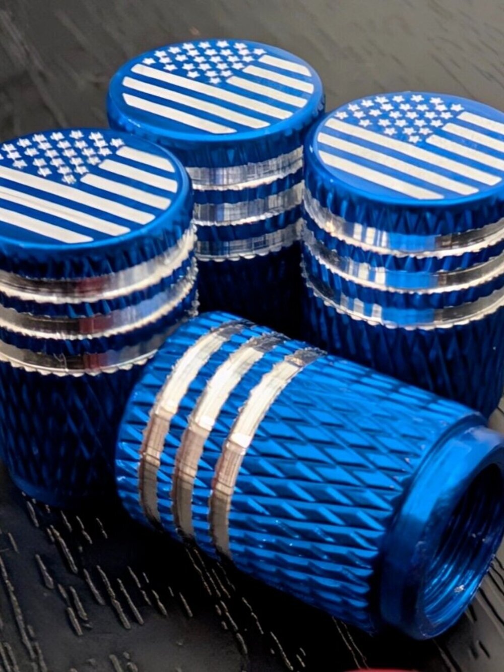 BLUE ALUMINIUM Patriotic USA Flag Tire Valve Caps Universal Car Truck Bike x4
